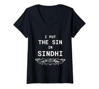 Femme Inscription Humoristique « I Put The Sin in Sindhi » T-Shirt avec Col en V