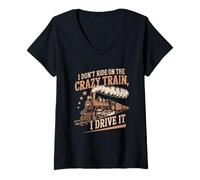 Femme Inscription « I Don't Ride on The Crazy Train I Drive It » T-Shirt avec Col en V