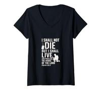Femme Inscription « I Shall Not Die But Live Scripture » T-Shirt avec Col en V