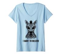 Femme Inscription « I Want to Believe » Motif zèbre Alien T-Shirt avec Col en V