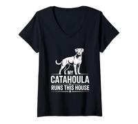 Femme Inscription My Catahoula Runs This House Dog T-Shirt avec Col en V