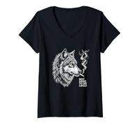 Femme Inscription « Not Here to Be Liked » - Motif loup rebelle T-Shirt avec Col en V