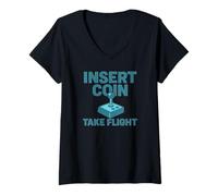 Femme Insert Coin Take Flight Jeu vidéo rétro T-Shirt avec Col en V
