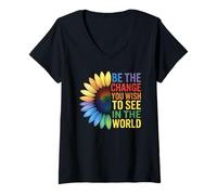 Femme Inspiration Tournesol Arc-en-Ciel Be The Change T-Shirt avec Col en V