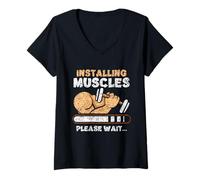 Femme Installation des Muscles Veuillez Attendre la résolution du Nouvel an T-Shirt avec Col en V