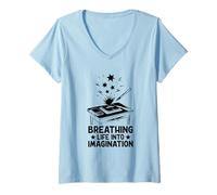 Femme Insuffler la vie à l'imagination Animation Dessiner Croquis T-Shirt avec Col en V
