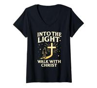 Femme Into The Light Walk with Christ Christian Faith Cross Jésus T-Shirt avec Col en V