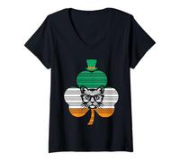 Femme Irish Cat St Patricks Cattricks Shamrock Cat Ireland Flag T-Shirt avec Col en V