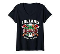 Femme Irish Fire Fighter Shamrock Irlande Dept Maltese Cross Pride T-Shirt avec Col en V