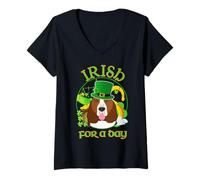 Femme Irish for A Day Basset Hound Dog Lucky Charm St Patricks Day T-Shirt avec Col en V