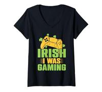 Femme Irish I Was Gaming Funny St Patrick Day Gamer T-Shirt avec Col en V