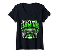 Femme Irish I Was Gaming Funny St Patrick Day Gamer Youth Men Boy T-Shirt avec Col en V