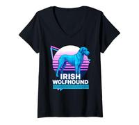Femme Irish Wolfhound Retro Vintage Synthwave Esthétique Chien Lover T-Shirt avec Col en V