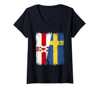 Femme Irlande du Nord Suède Demi-drapeau Irlande du Nord Suédois T-Shirt avec Col en V