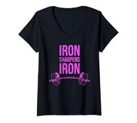 Femme Iron Sharpens Iron Proverbs Haltérophilie Rose Bible Lifting T-Shirt avec Col en V