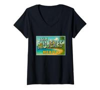 Femme Isla Mujeres Mexique Vintage Voyage Souvenir Post Art Graphique T-Shirt avec Col en V