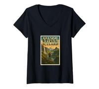 Femme Islande Randonnée Randonnée Vintage Voyage Souvenir Post Art Graphique T-Shirt avec Col en V