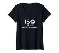 Femme ISO is My Love Langue Photographe Humour Design T-Shirt avec Col en V