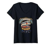 Femme ISurvived My Trip to NYC Souvenir de Voyage rétro Bus Vintage T-Shirt avec Col en V