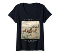 Femme It is Well with My Soul Cheval Aquarelle chrétienne T-Shirt avec Col en V