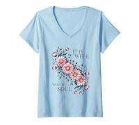 Femme It is Well with My Soul Christian Pretty Floral Daisy T-Shirt avec Col en V