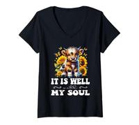 Femme It is Well with My Soul Vache chrétienne Mignonne Highlander T-Shirt avec Col en V