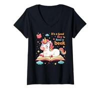 Femme It’s a Good Day to Read a Book Unicorn Reading T-Shirt avec Col en V