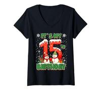 Femme It’s My 15th Birthday Christmas Snowman 15 Year Old Xmas T-Shirt avec Col en V