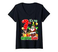 Femme It’s My 7th Birthday Christmas 7 Years Old Santa Reindeer T-Shirt avec Col en V