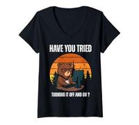 Femme IT Support Humour Retro Sunset Bear Tech Ingénieur Informatique T-Shirt avec Col en V