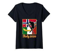 Femme Italie 2026 Skier de Style Libre Italie Norway Flag Sports T-Shirt avec Col en V