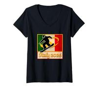 Femme Italie 2026 Snowboarding Vintage Italie Flag 2026 Winter T-Shirt avec Col en V