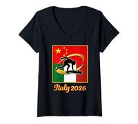 Femme Italie 2026 Speed Skating China and Italie Flag Winter T-Shirt avec Col en V