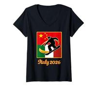 Femme Italy 2026 Snowboarding China and Italy Flag Winter Sports T-Shirt avec Col en V
