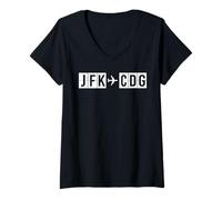 Femme Itinéraire d'avion JFK à CDG New York Paris T-Shirt avec Col en V