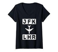 Femme Itinéraire d'avion JFK à LHR New York Londres T-Shirt avec Col en V
