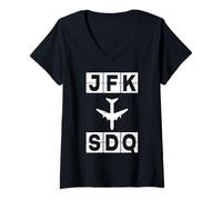 Femme Itinéraire d'avion JFK à SDQ New York Saint-Domingue T-Shirt avec Col en V
