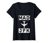 Femme Itinéraire d'avion MAD à JFK Madrid New York T-Shirt avec Col en V