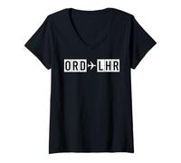 Femme Itinéraire d'avion ORD à LHR Chicago Londres T-Shirt avec Col en V