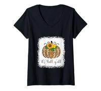 Femme It's Fall Y'all Citrouille Léopard Imprimé Thanksgiving Halloween T-Shirt avec Col en V