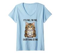 Femme Its Fine Im Fine Coffee Cat T-Shirt avec Col en V