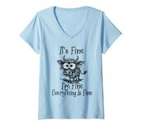 Femme It's Fine I'm Fine Everything is Fine Funny Cow Meme T-Shirt avec Col en V