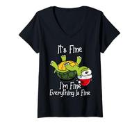 Femme It's Fine I'm Fine Everything is Fine Funny Cute Xmas Turtle T-Shirt avec Col en V