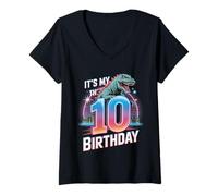 Femme It's My 10th Birthday Dinosaure Rugissant années 70 80 T-Shirt avec Col en V