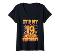Femme It's My 19th Birthday Party 19 Year Old Halloween Pumpkin T-Shirt avec Col en V