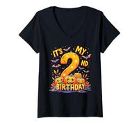 Femme It's My 2nd Birthday Party 2 Year Old Kids Halloween Pumpkin T-Shirt avec Col en V