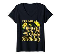 Femme It's My 32th Birthday 32 Year Old Girl Tournesol Papillon T-Shirt avec Col en V