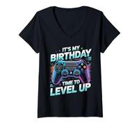 Femme It's My Birthday Boy Time to Level Up Jeu vidéo Cadeau Garçon T-Shirt avec Col en V