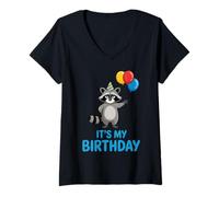 Femme It's My Birthday Kawaii Bored Racoon T-Shirt avec Col en V