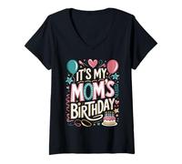 Femme It's My Mom's Birthday Cute Graphic with Cake & Confetti T-Shirt avec Col en V